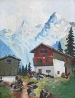 Lot 47 - Rosenkranz, alpine scene, oil, together with original photograph - soldier seated in front of painting (2)