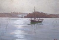 Lot 97 - M.A., estuary scene with yacht, oil on board