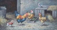 Lot 105 - R. Horton, Chickens outside a barn, oil
