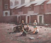 Lot 126 - M. Grimshaw, Children playing on open land, pastel
