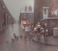Lot 127 - M. Grimshaw, Children playing in the street, pastel