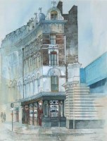 Lot 141 - Ray Evans, Old King Lud, Ludgate Circus, London, watercolour and ink