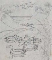 Lot 184 - C. F. Tunnicliffe, Ducks on the salt marsh, pencil