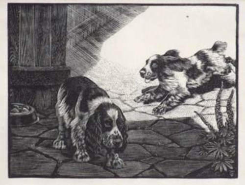 Lot 232 - C. F. Tunnicliffe, Spaniels on flagged floor, woodcut