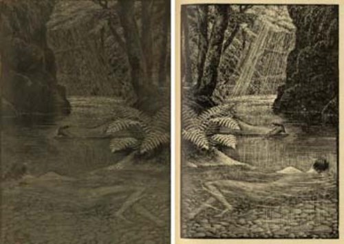 Lot 264 - C.F. Tunnicliffe, Lydford Gorge with swimmer, woodblock