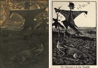 Lot 268 - C.F. Tunnicliffe, scarecrow and fox, woodblock