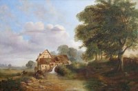 Lot 280 - Style of Sidney Richard Percy, Rural scene with fisherman and watermill, oil on canvas