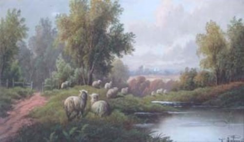Lot 284 - Etty Horton, rural landscape with sheep, oil