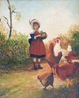 Lot 299 - Naive school, 19th century, Girl feeding the chickens, oil