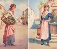 Lot 300 - Giovanni Barbaro, Female figures, watercolour (2)