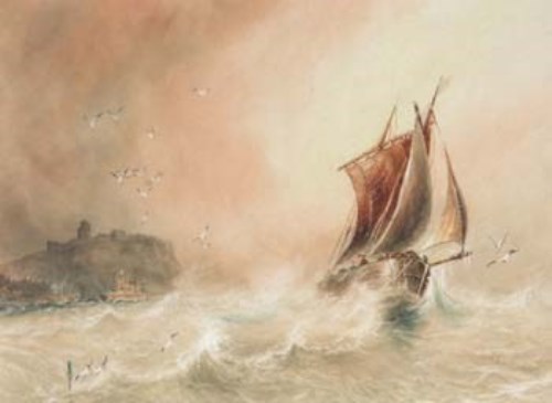 Lot 316 - Joseph Newington Carter, Stormy seas in South Bay, Scarborough, watercolour