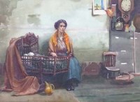 Lot 326 - Henry G. Massey, interior scene with mother and child, watercolour