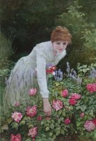 Lot 332 - Edward K. Johnson, Lady picking flowers, watercolour