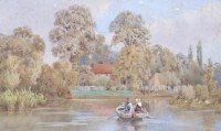 Lot 341 - B. Whitmore, Lake scene with figures rowing, watercolour