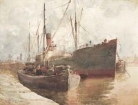Lot 348 - John E. Aitken, Unloading into barges, Wallasey Docks, watercolour
