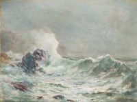 Lot 350 - James Aitken, Breaking seas on the Manx coast, watercolour