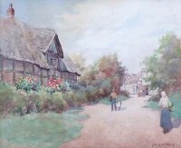 Lot 351 - John E. Aitken, village scene with figures, watercolour