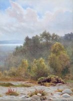 Lot 352 - James Aitken, forest scene overlooking lake