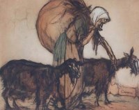 Lot 357 - Armand Coussens, Old lady with two goats, colour etching