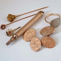 Lot 407 - Pr 9ct gold cufflinks, ring, gold pencil, two