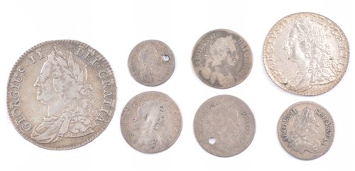 Lot 1 - Collection of seven King George II silver coins including 1745 half crown (7 coins).