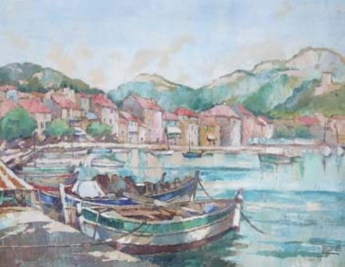 Lot 61 - Rene Legrande, harbour scene, watercolour and gouache