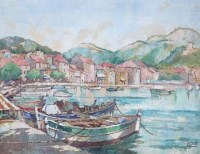 Lot 61 - Rene Legrande, harbour scene, watercolour and gouache