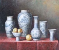 Lot 79 - T. Morris, still life study of porcelain, oil