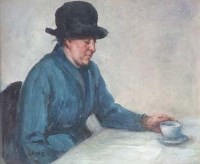 Lot 123 - Lamb, 20th century, lady drinking tea, oil