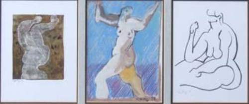 Lot 169 - Geoffrey Key, figure study triptych, mixed media
