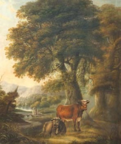Lot 197 - Late 18th century style of Thomas Barker of Bath, cattle in landscape, oil on panel
