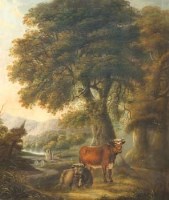 Lot 197 - Late 18th century style of Thomas Barker of Bath, cattle in landscape, oil on panel