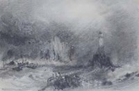 Lot 233 - Henry Barlow Carter, The Longship Lighthouse in Stormy Weather, pencil
