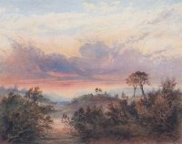 Lot 235 - Edward A. Heffer, sunset over a heathland, watercolour