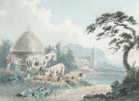 Lot 253 - Peter Le Cave, donkey and pigs in landscape, watercolour and ink