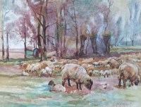 Lot 255 - Sir Alfred East, Tending the sheep, watercolour