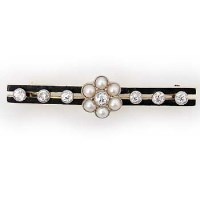 Lot 458 - Diamond, pearl and enamel bar brooch, 1920's