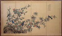 Lot 283 - Chinese four-panel hand painted screen