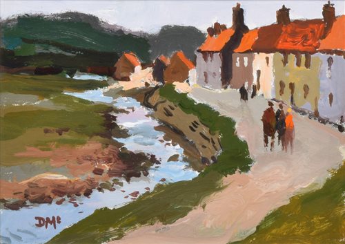 Lot 269 - Donald McIntyre, "Village by a Stream", acrylic.