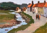 Lot 269 - Donald McIntyre, "Village by a Stream", acrylic.