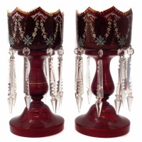 Lot 90 - Pair Victorian ruby and clear glass lustres