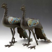 Lot 210 - Pair of bronze and champleve enamel peacocks