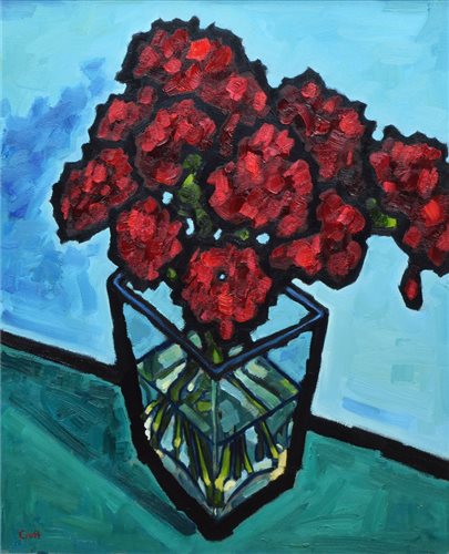 Lot 254 - Malcolm Croft, "Crimson Carnations in a Glass Vase", oil.