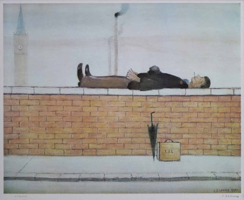 Lot 514 - After L.S. Lowry, Man Lying on a Wall, signed print.