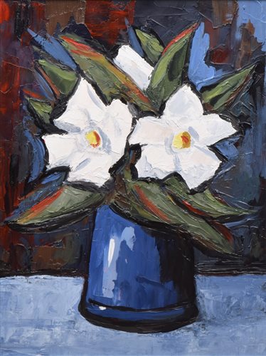 Lot 262 - David Barnes, "Blue and White Flowers", oil.