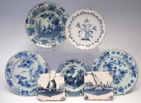 Lot 131 - Four Delft plates, a bowl, and two tiles, painted