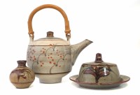 Lot 253 - David Leach St Ives pottery teapot, butter dish and small vase.