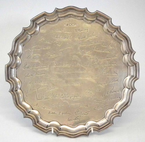 Lot 349 - Silver presentation salverof round form,