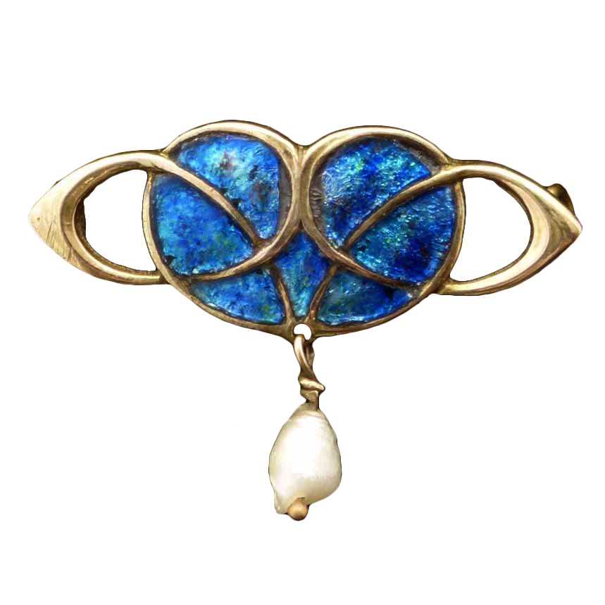 Lot 360 - A 9ct gold enamel and pearl brooch by Liberty & Co.