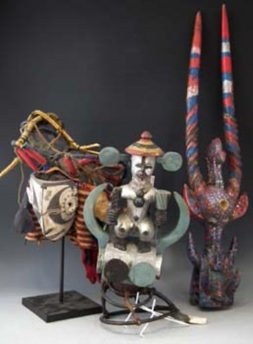Lot 195 - Senufo Kagba mask, Igbo face mask and headdress, also one other painted Nigerian headdress probably Igbo, (3) The Kagba mask measures 91cm long